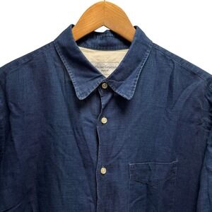 Officine Generale Mens Large Blue Chambray Linen Blend Button Front Pocket Shirt
